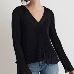 Madewell Top Womens XS Black Pleated‎ Flare Sleeve Sheer Cami Lined Boho Peplum